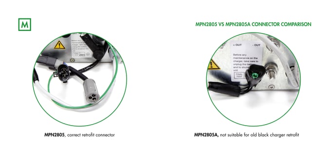 MPN2805 and MPN2805A connector comparison showing which charger is suitable for the older black charger retrofit.