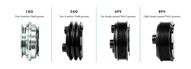 Side-view comparison of Valeo® TM compressor pulley types, showing 1AG, 2AG, 6PV and 8PV groove configurations.