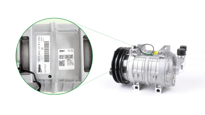 Valeo® TM15 compressor showing where to find the TM model and compressor identification details on the product label.