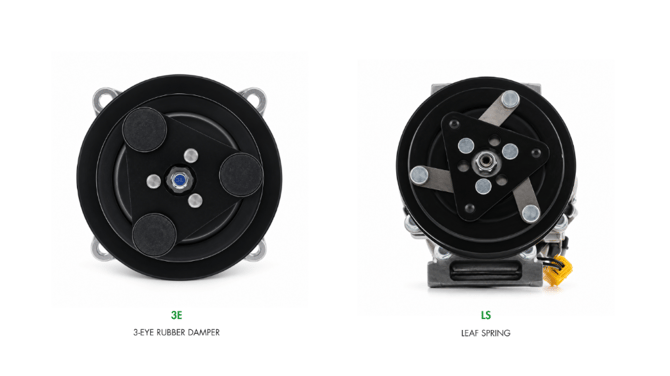 Front view comparison of Valeo® TM compressor clutch armature types, showing a 3E three-eye rubber damper and LS leaf spring clutch.