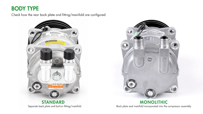 Rear-view comparison of standard and monolithic Valeo® TM compressor body types, showing separate and integrated manifold configurations.